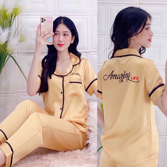 ĐỒ BỘ MẶC NHÀ TAY NGẮN QUẦN DÀI PIJAMA SATIN LỤA  THÊU LƯNG SIÊU ĐẸP