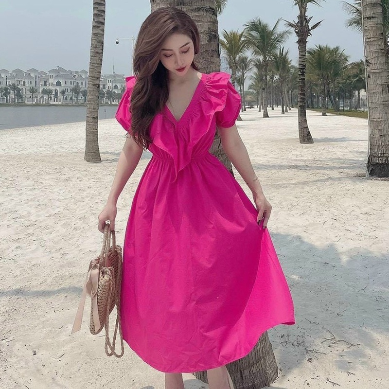 Đầm tiểu thư maxi đi biển bánh bèo cổ V nơ lưng bèo ngực HV174, váy đầm nữ dáng xòe dài khoét vai nơ lưng