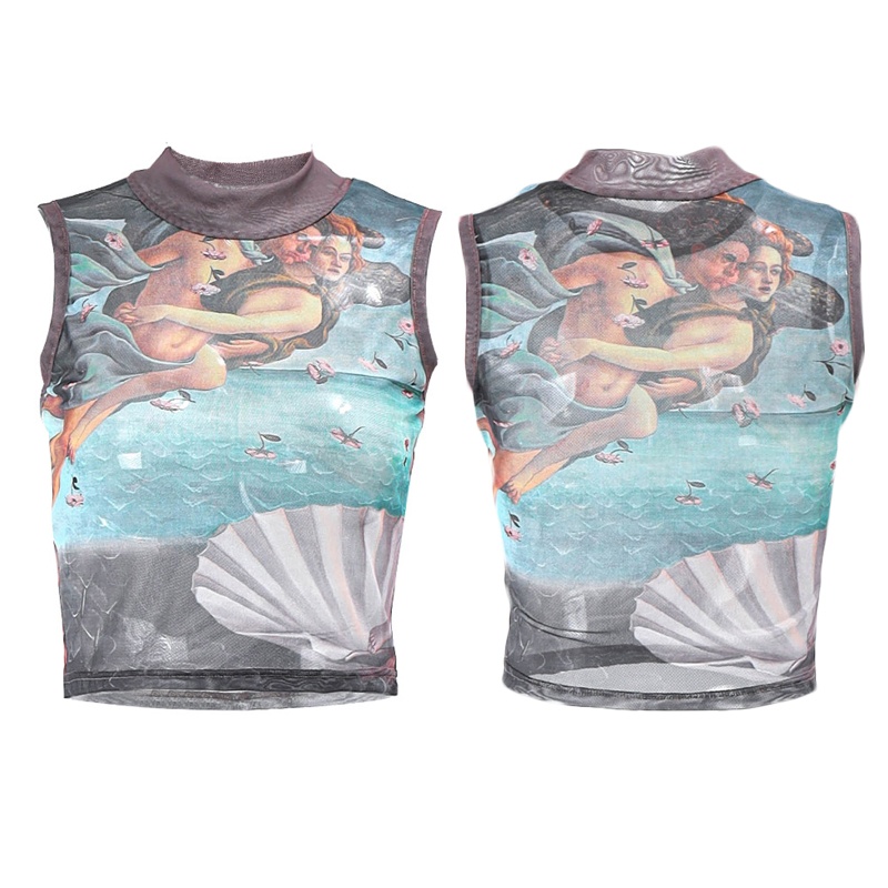 Áo Croptop Lưới Không Tay In Họa Tiết Trừu Tượng Phong Cách Harajuku Cổ Điển Dành Cho Nữ