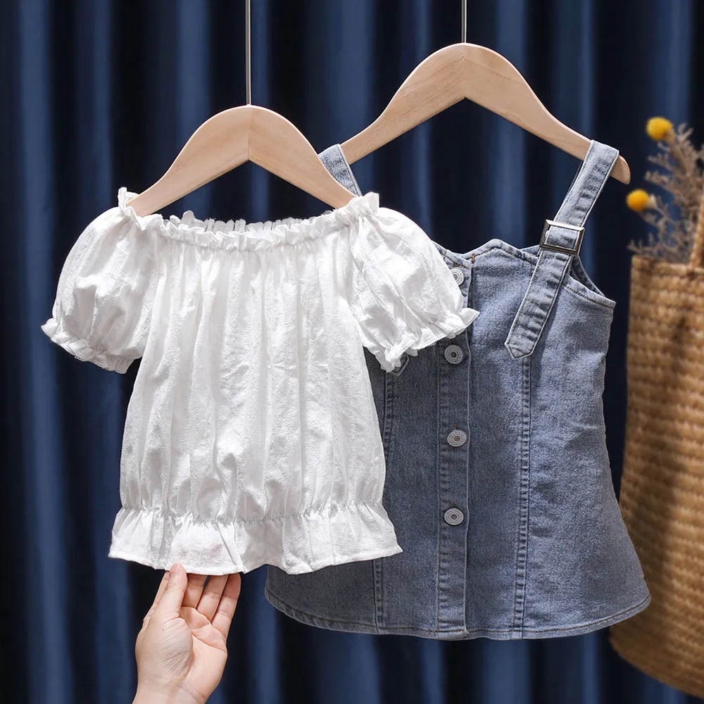 Set áo thun tay ngắn + yếm denim BEAR LEADER thời trang mùa hè 2022 cho bé gái