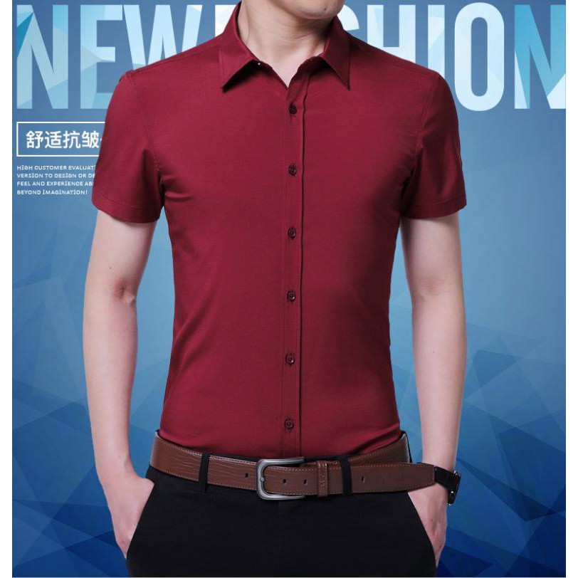 Áo Sơ Mi Lụa Cotton nam Ngắn tay Màu Đỏ Đô(7 Size từ 40kg đến 85kg) - FashionQuocDai