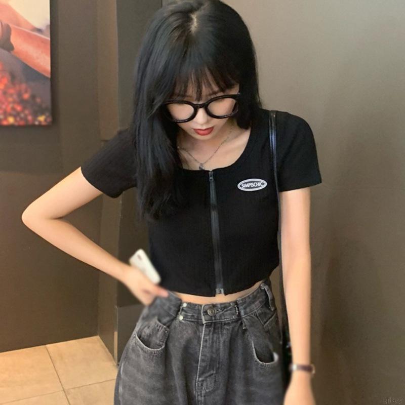 Áo Dệt Kim Ngắn Tay Cổ Vuông Phối Khóa Kéo Sành Điệu Kiểu Hàn Quốc