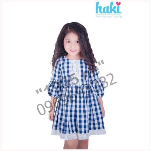 Váy thô kẻ xanh phối ren tay phồng - Xanh -Haki ( Hàng Việt Nam xuất khẩu)
