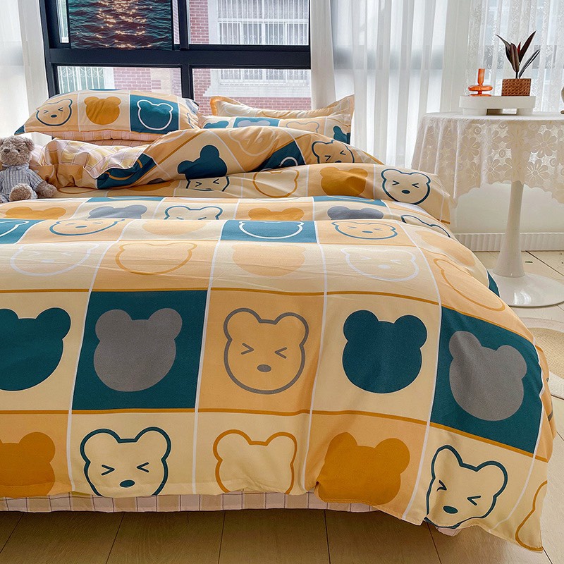 Bộ vỏ chăn ga gối cotton poly - Mẫu gấu ga vàng.