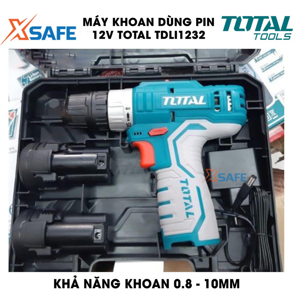 Máy khoan dùng pin 12V TOTAL TDLI12325 Tặng kèm 2 Pin 1.5Ah 1 Sạc và 1 mũi vít CR-V 65mm. Máy khoan cầm tay chính hãng