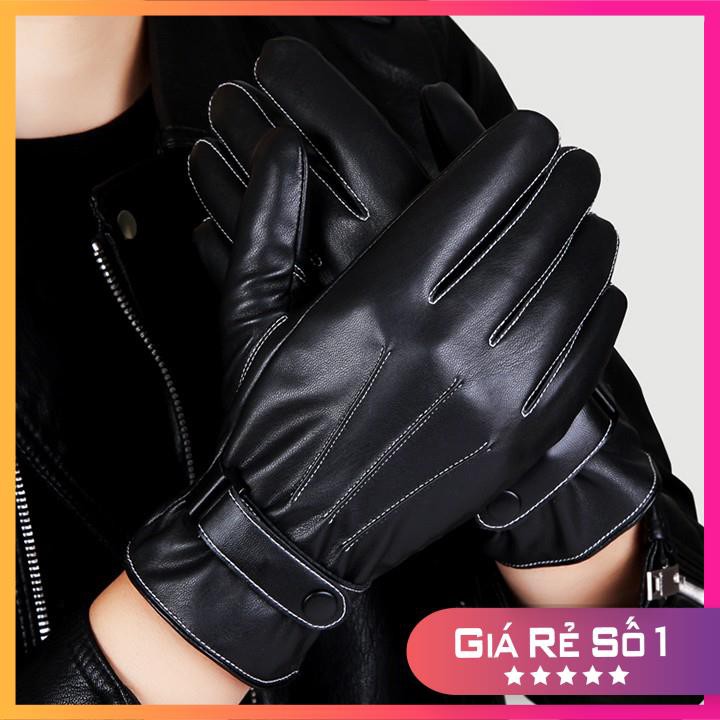 Găng Tay Da Lót Lông FREE SHIP Siêu ấm Gang tay cảm ứng điện thoại màu đen nam tính đường gân may cách điệu