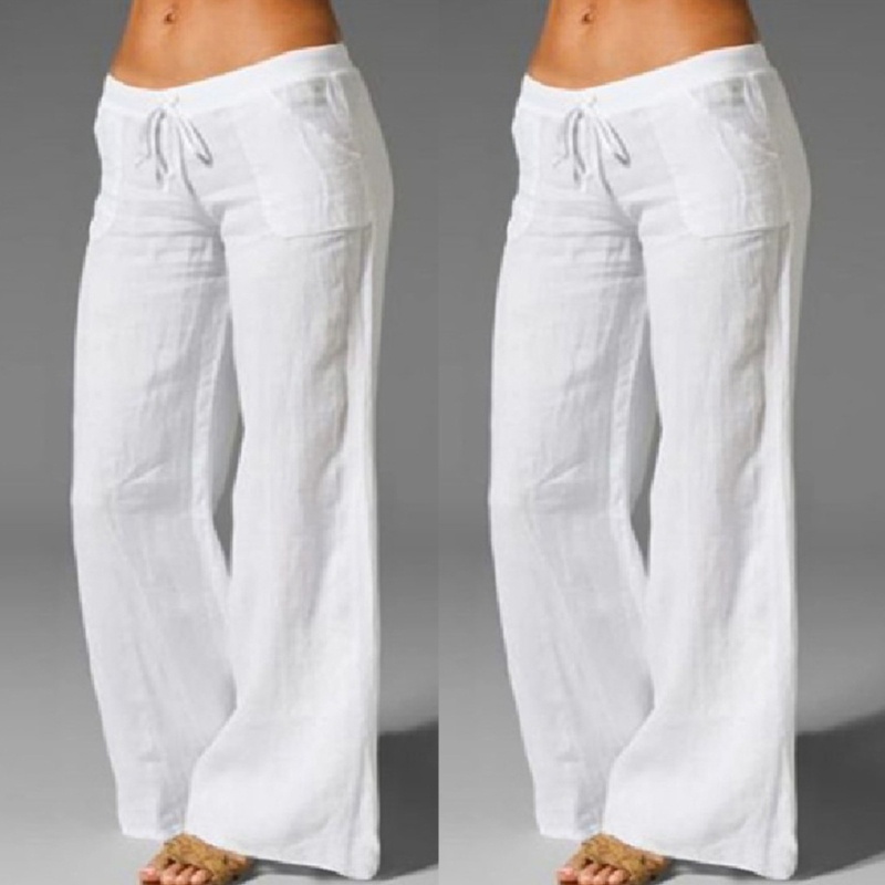 Xiangbao Quần ống rộng Vải Cotton Lanh Lưng Thun Rút Dây Màu Trơn Mùa Hè Vintage Thường Ngày Cho Nữ Palaz