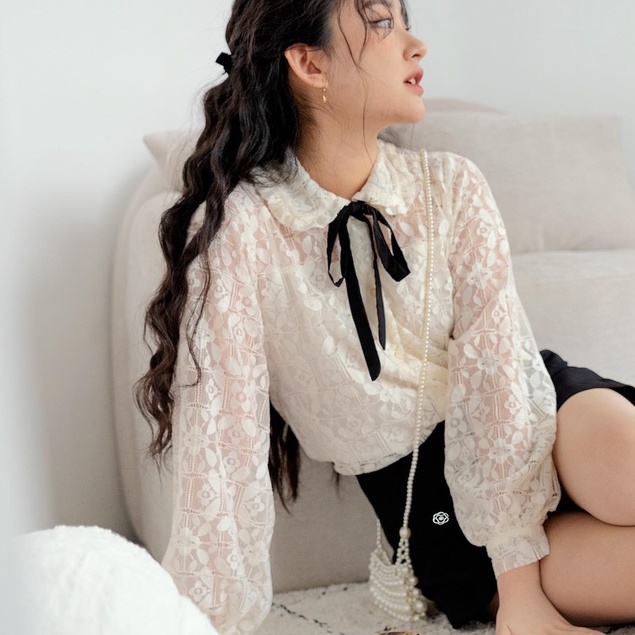 Naked by V - Áo sơ mi 2 lớp (kèm nơ) - Bowtie Blouse - ren