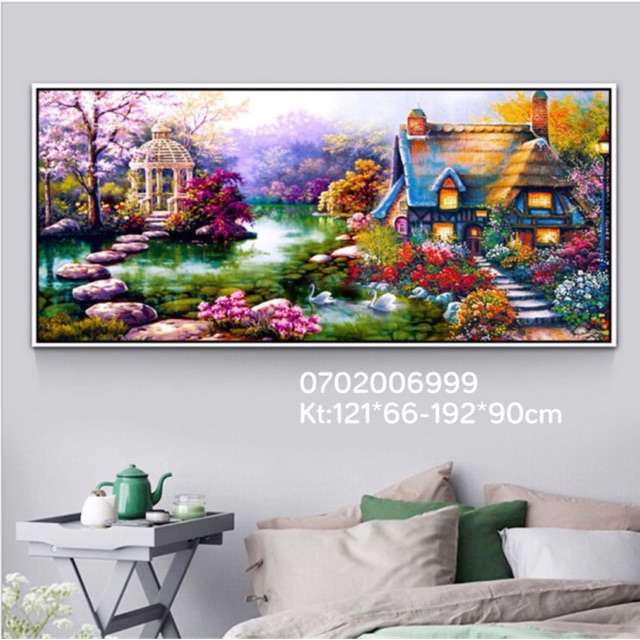 Tranh thêu chữ thập Phong cảnh ngôi nhà hạnh phúc kt 121-66cm