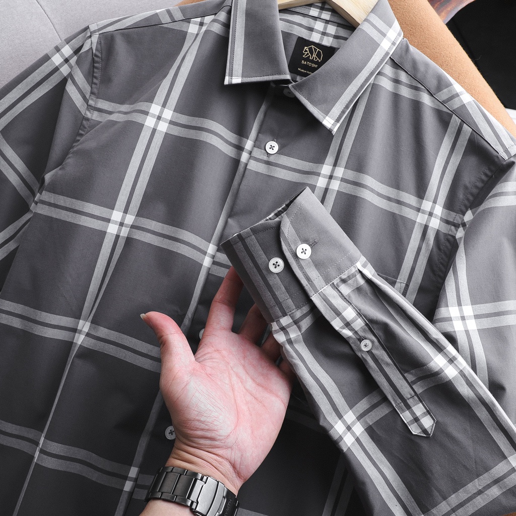 Áo sơ mi SASM64 caro lớn tay dài màu xanh / xám có túi trước ngực |SATOSHI|