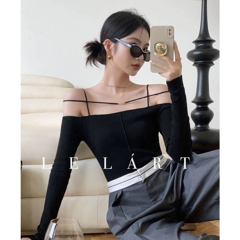 QKOOLE  Áo Croptop Tay Dài Hở Vai Màu Sắc Đơn Giản Phong Cách Hàn Quốc Cho Nữ