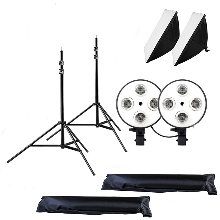 Combo 2 Softbox đuôi Sứ 4 chuôi 50 x 70cm - 2 Chân đèn 2m không bao gồm đèn