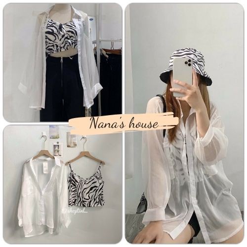 Set Áo Sơ Mi Hai Dây Ngựa Vằn Nữ 🎁 Nana's House - FREESHIP 🎁 Bộ áo khoác cổ sơ mi màu trắng trơn basic kèm áo loang màu