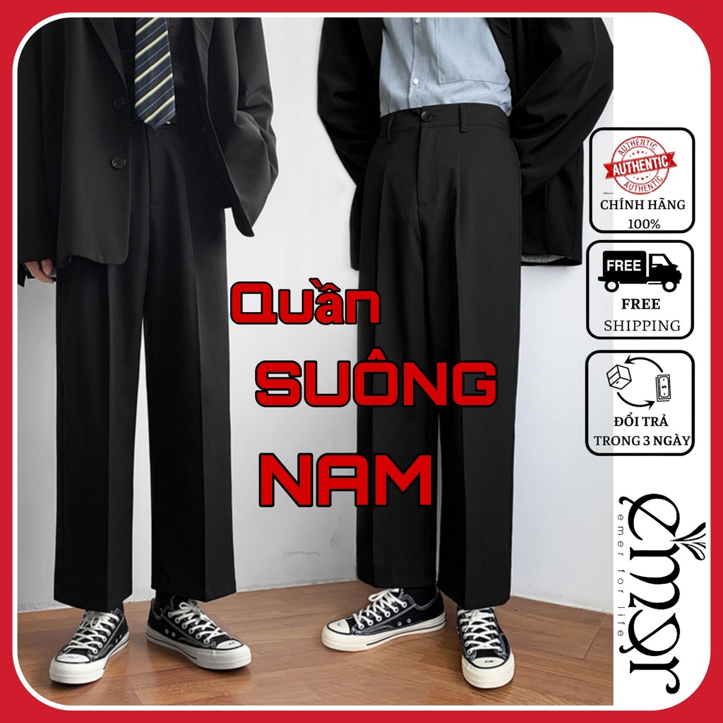 Quần Suông Ống Rộng Nam Vải Cao Cấp E'mer , Quần Đen Ống Suông Unisex Form Rộng Phong Cách Hàn Quốc