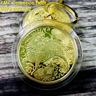 Móc Khóa xu Kỳ Lân Vàng, Đồng xu bên trong được làm bằng Niken mạ vàng, sáng bóng, chạm khắc rõ nét - SP000412