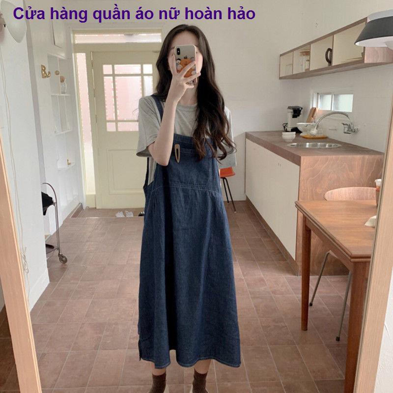 quần nữBộ đồ bà bầu che bụng Quần áo phụ nữ đi chơi lưới màu đỏ thời trang xuân hè Váy denim ngắn tay