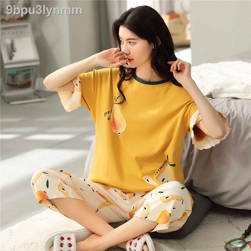 Đồ bộ/ Đồ mặc nhàbộ đồ ngủ nữ mùa hè quần tây ngắn tay cắt cotton hai mảnh cỡ lớn rộng rãi của Hàn Quốc ở nhà Phần vải m