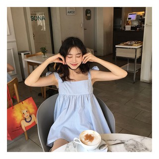 Set áo baby doll nữ, bộ đồ nữ đi chơi, combo quần sooc áo kẻ xanh 2 dây siêu xinh AO0102 (1)