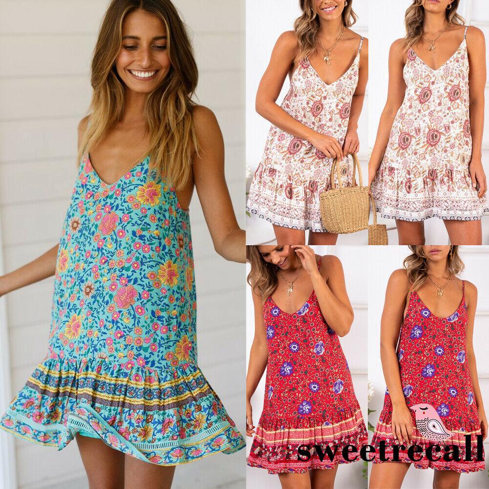 Đầm nữ tay ngắn họa tiết hoa phong cách boho thời trang quyến rũ
