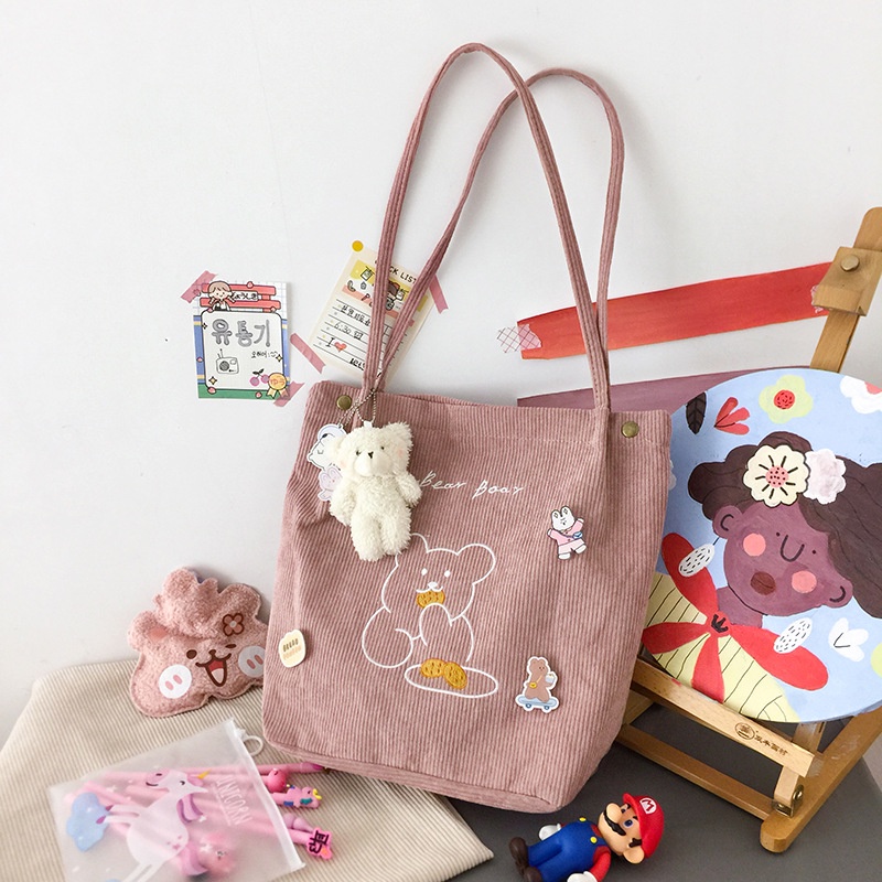 Túi Xách Vải Nhung Kẻ Đeo Vai Kích Thước Lớn Họa Tiết Hoạt Hình Dễ Thương Tươi Mới Phong Cách Nhật Hàn Dành Cho Nữ Sinh