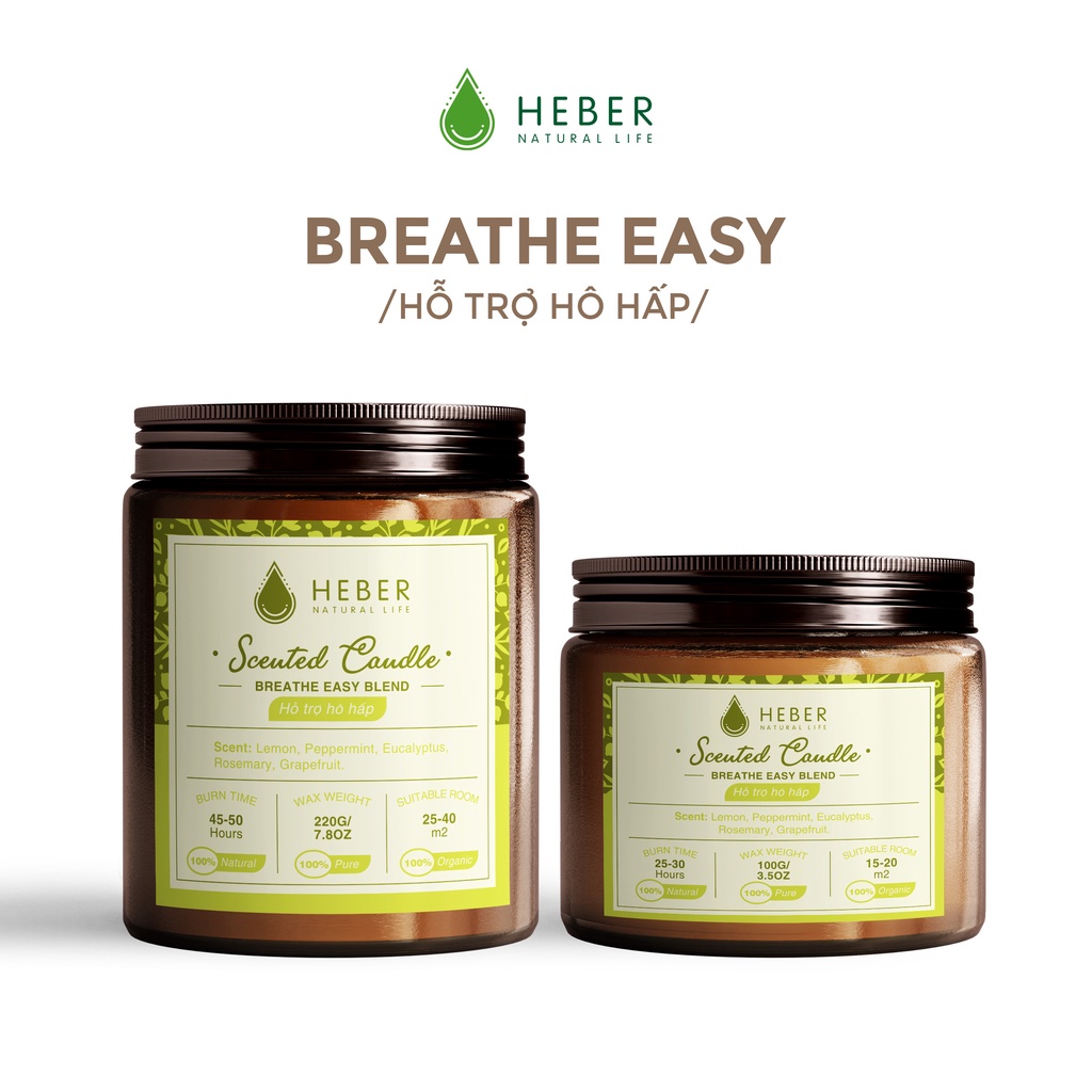 Nến Thơm Hỗ Trợ Hô Hấp - Breathe Easy Scented Candle Heber Natural Life Thiên Nhiên Cao Cấp, Đốt Thơm Phòng, 100g &amp; 220g