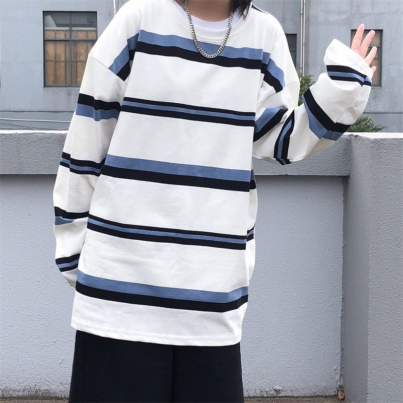 Áo thun cổ tròn tay dài họa tiết kẻ sọc thời trang dành cho nam