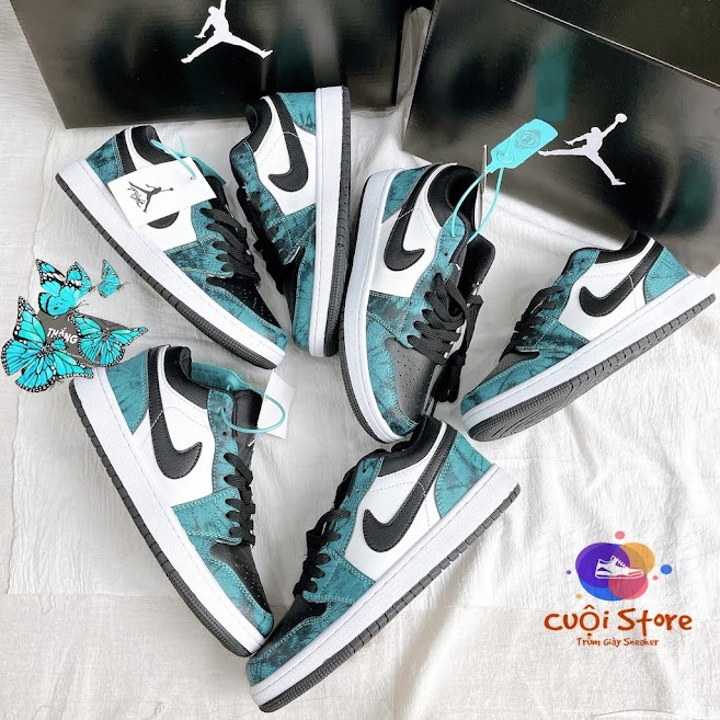 Giày thể thao Jordan cổ cao cổ thấp xanh loang nước biển, giày sneaker JD1 Tie Dye cao cổ thấp cổ nam nữ