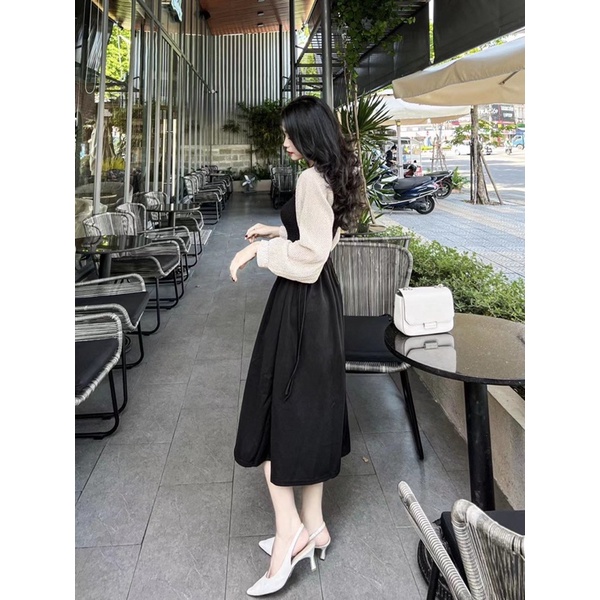 VÁY ĐEN PHỐI TAY ÁO CHẤM BI DÀI CAO CẤP (ảnh tự chụp 100%)