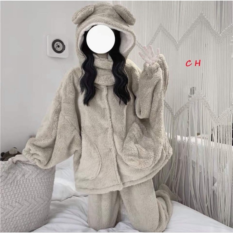 Bộ Lông Gấu có Túi Vòng Cổ mùa Đông🌸Đồ nữ ngủ Ullzang☘️Lông cừu giữ nhiệt, dày dặn, set mặc nhà | BigBuy360 - bigbuy360.vn