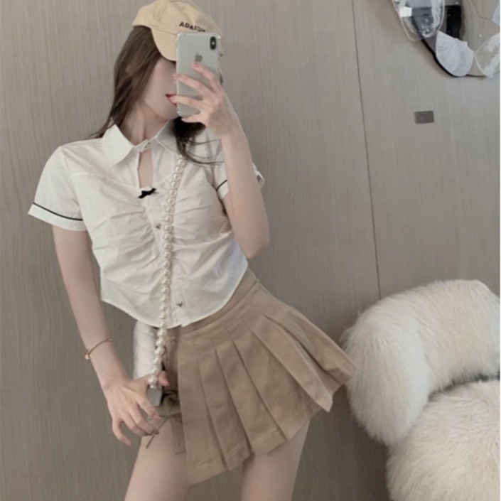 Sét Sơ Mi Trắng Dáng Ngắn Mix Kèm Chân Váy Khuy Xẻ Hàng Quảng Châu chất đẹp dễ thương thời trang FreeShip C