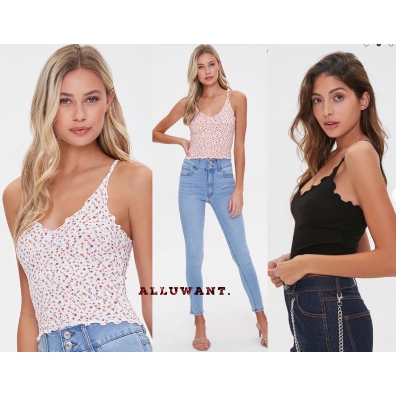 [Mã FASHIONT4WA2 giảm 10K đơn 50K] Áo dây cuốn biên Ribbed Lettuce Edge Cami F21 VNXK