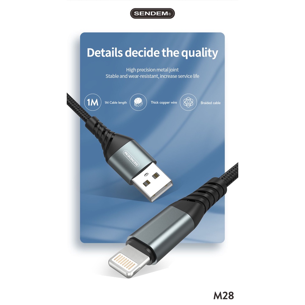 Cáp sạc nhanh Sendem M28 6A bọc dù dài 1M Chân TypeC MICRO