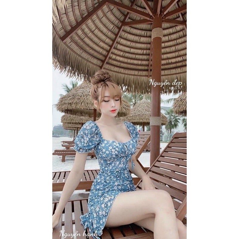 Đầm body hoạ tiết hoa nhí phối dây nơ hai bên, có kèm mút ngực