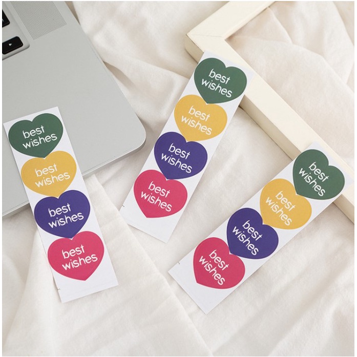 Tem nhãn dán cảm ơn, lời chúc tốt đẹp. Set 4 sticker thanks you mặt cười hình tròn, best wishes hình trái tim tự dính