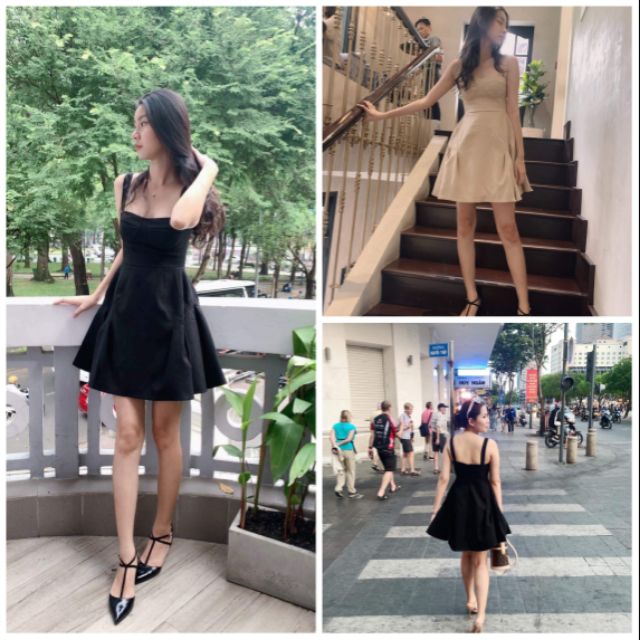 ĐẦM 2 ĐÂY FORM XÒE CHẤT KAKI CO GIÃN CHUẨN FORM