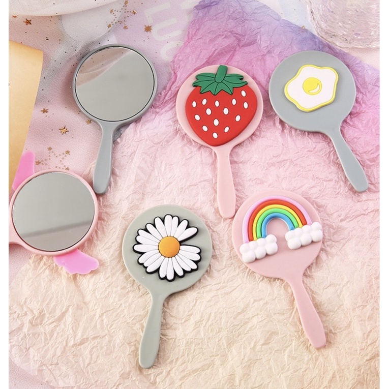 Gương trang điểm Gương mini cầm tay bỏ túi dán tròn có cán cầm tiện dụng hoạt tiết hoạt hịnh dễ thương