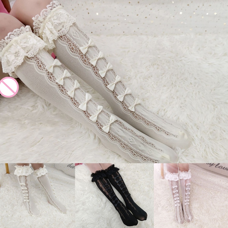 Đôi Vớ Phối Ren Rỗng Dài Đến Đầu Gối Đính Nơ Phối Bèo Nhún Hóa Trang Cô Hầu Gái Anime Lolita Nhật Bản
