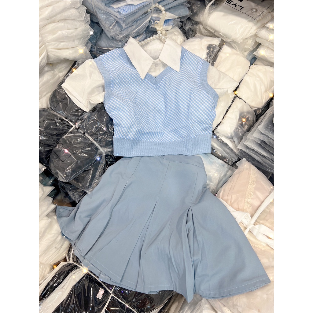 SET 3 MÓN : ÁO CROPTOP SƠ MI + GILE CARO + CHÂN VÁY TENNIS