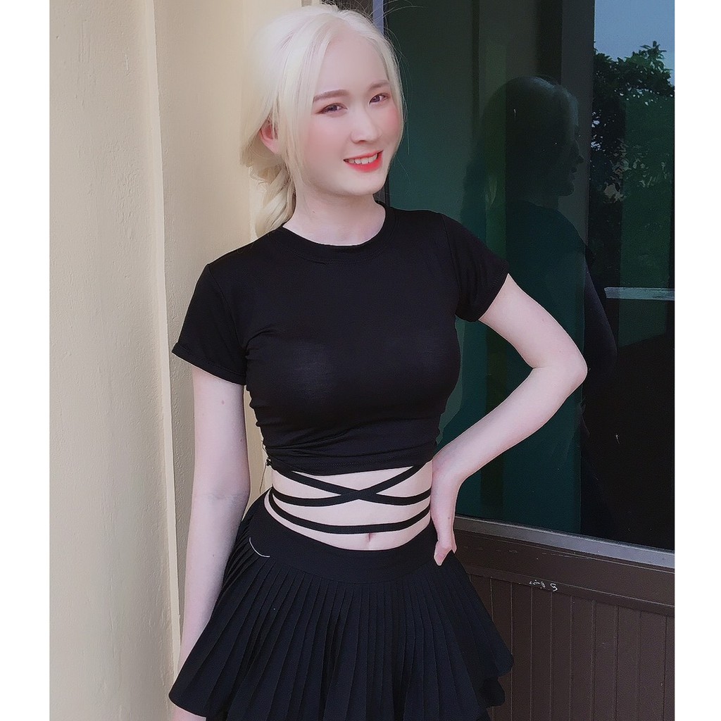 [ Mã WASTAPR giảm 10K đơn 50K] Áo crotop ngắn tay cổ tròn đan dây bụng shynstores | BigBuy360 - bigbuy360.vn