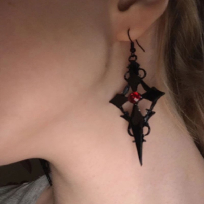 Khuyên Tai Mặt Chữ Thập Đính Đá Màu Đỏ Phong Cách Gothic