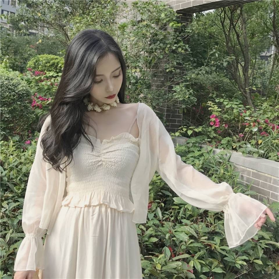 Áo Khoác Voan Mỏng Chống Nắng Dáng Ngắn Kèm Đầm Dây Thời Trang Mùa Hè Dành Cho Nữ
