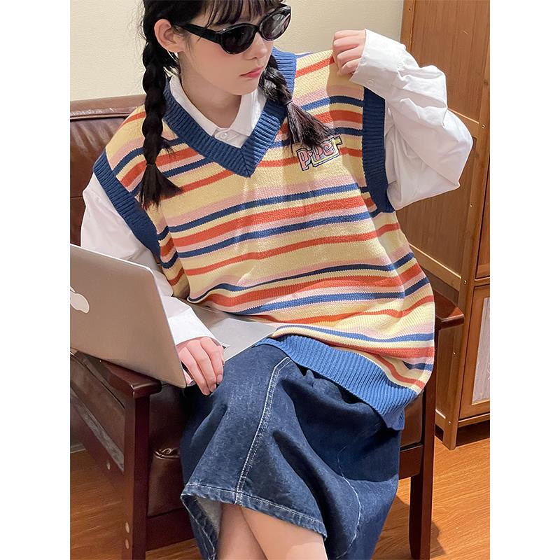 MỚI Áo dệt kim sát nách cổ chữ V họa tiết kẻ sọc phong cách Nhật Bản cho nữ