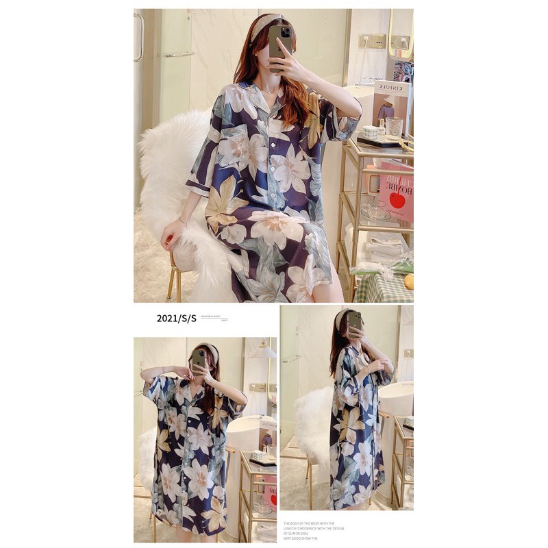 Váy Pijama Lanh Lụa Tay Lỡ Siêu Mát ( Bầu To Mặc Được) Hàng Nhập Quảng Châu