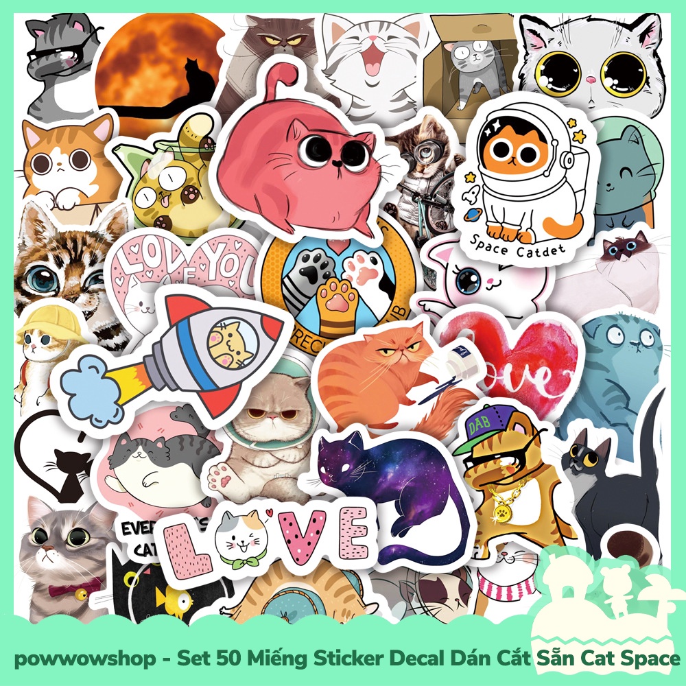 [Sẵn VN - Hỏa Tốc] Set 50 Miếng Sticker Decal Cắt Sẵn DIY Dán Trang Trí Vật Dụng Mẫu Cat Emotion Space Lovely