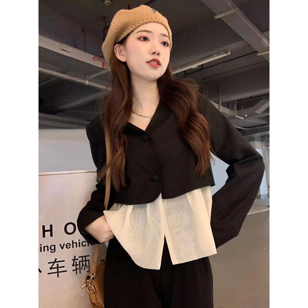 Áo Kiểu Tay Dài Cổ Chữ V Form Rộng Thời Trang Hàn Quốc Cho Nữ