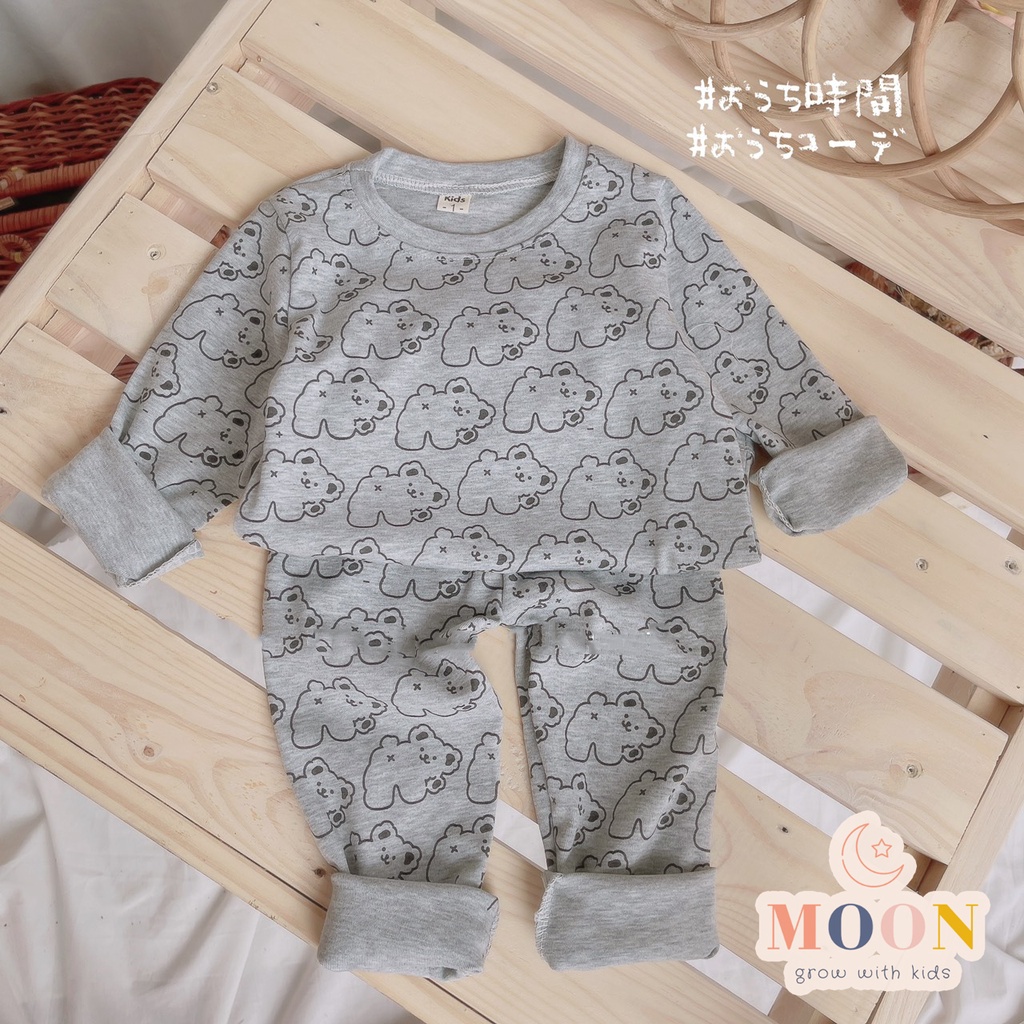 Bộ Ngủ Dài Tay Cho Bé Trai, Bé Gái Chất Cotton Zip Hàn In Tràn Hình Gấu Đáng Yêu