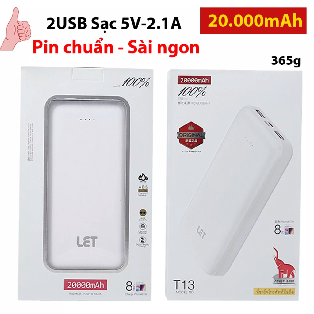 Sạc Dự Phòng 20.000mAh, Hàng chuẩn 2.1A - Chính hãng LET