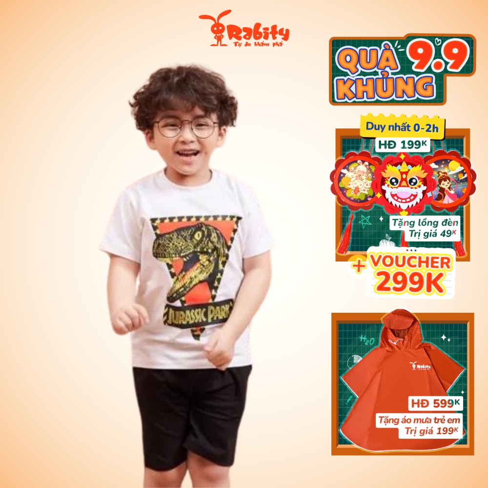 Bộ quần áo ngắn tay và sát nách bé trai Rabity đồ thun thể thao in khủng long cho trẻ em cotton thoải mái vận động 91162