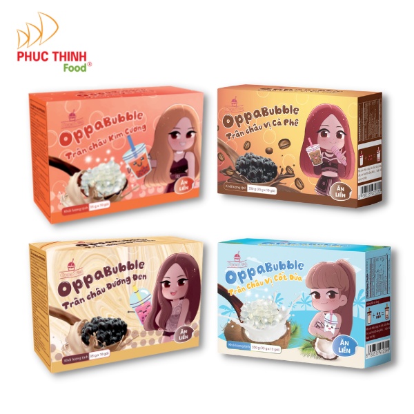 Trân Châu Oppa Bubble Ăn Liền Hộp 350g Topping Giòn Dai Nguyên Liệu Trà Sữa Pha Sẵn 4 Vị