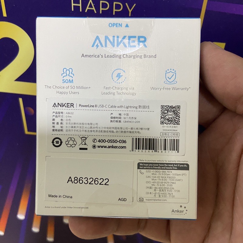 Cáp sạc Anker Power line ll A8632 type C to Linghtning 0.9m MFI